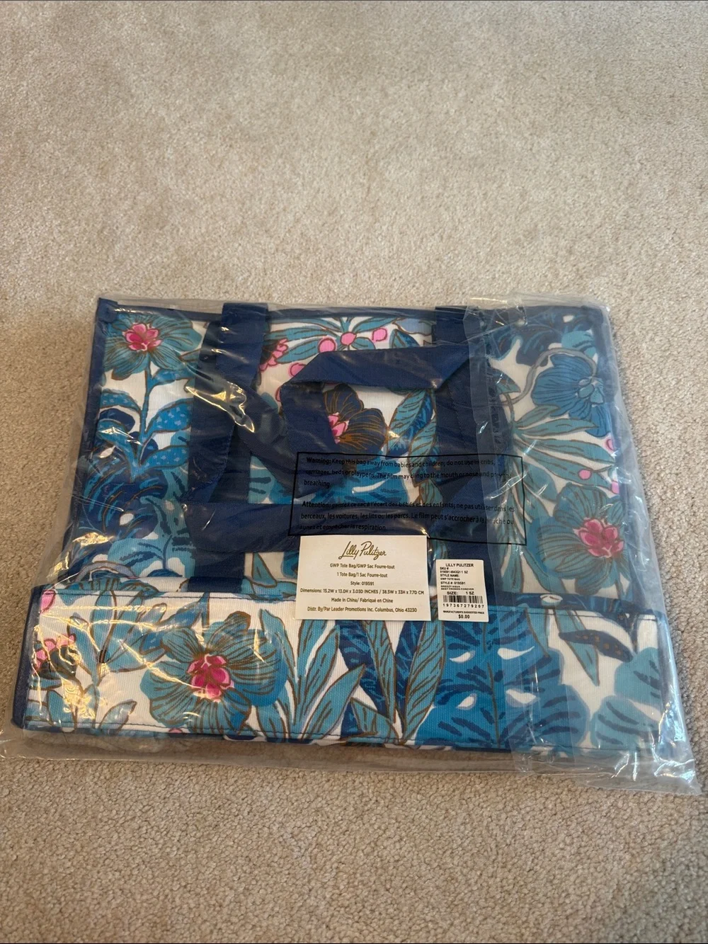 Lilly Pulitzer Blue Canvas Tote Bag with Navy Trim - Picture 2 of 3